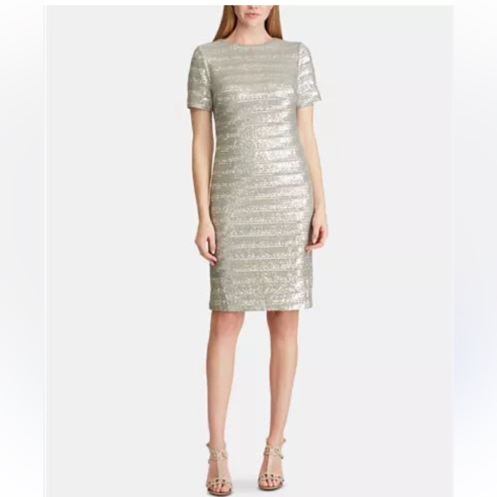 Lauren Ralph Lauren Striped Sequined Mesh Silver Dress Size Women’s 12